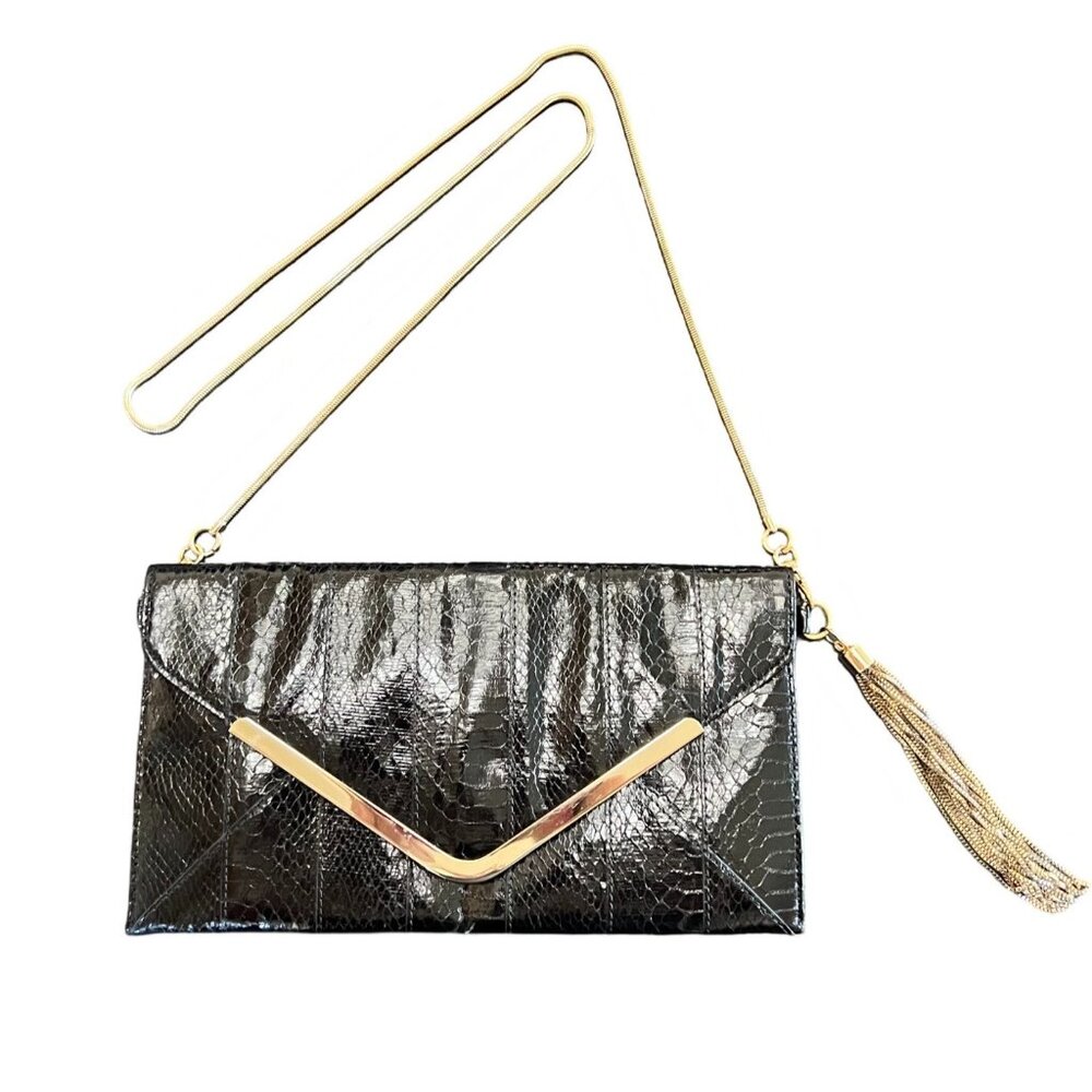 Caché Snakeskin Gold Tone Tassel Clutch